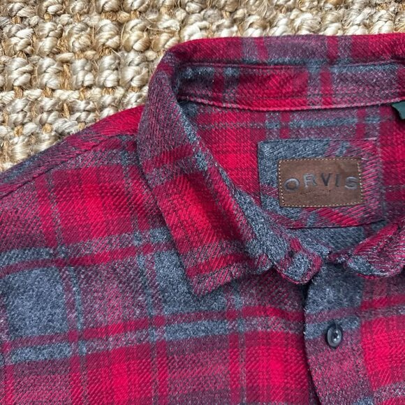 Orvis Heavy Flannel Plaid Shirt (Large-Tall) Red Gray - Picture 1 of 6
